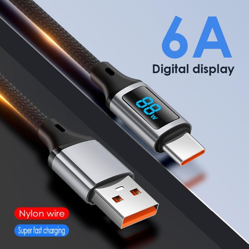Nylon Braided Type C Cable 60W Fast Charging with Real Time Power Display Suitable for Various Phone Devices Use