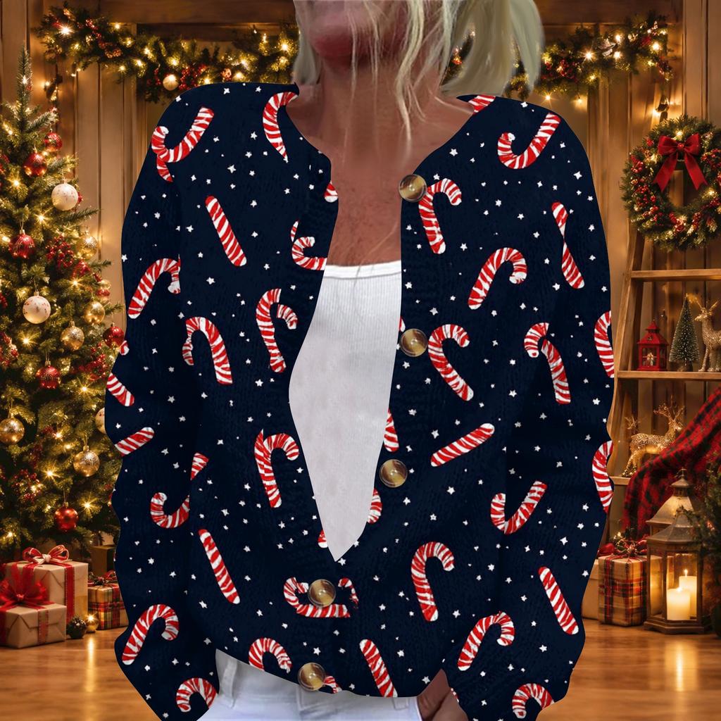 Damen Weihnachtsdruck Langarm Strickjacke, Knopfleiste Feiertagspullover