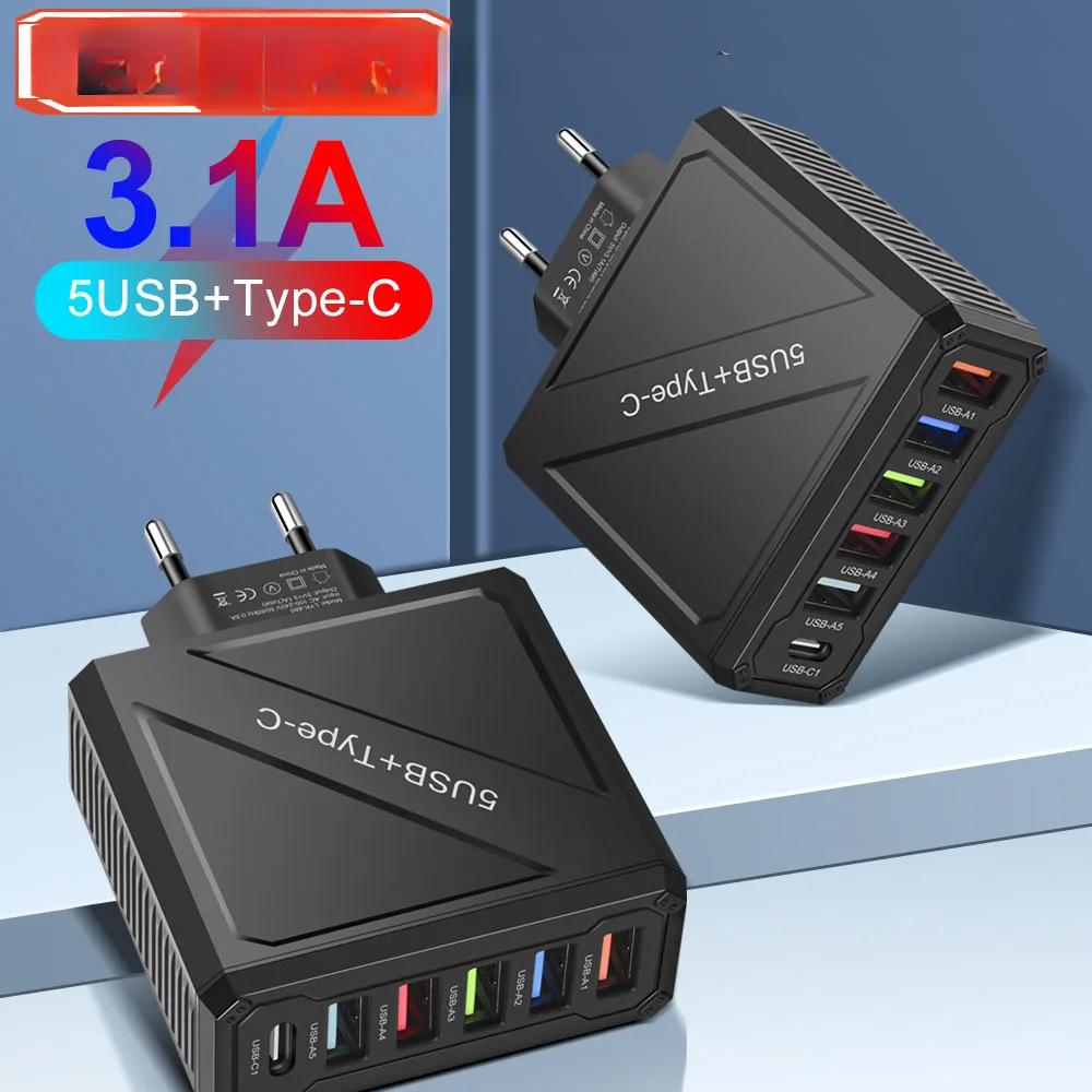 3.1A 6 Ports USB Charger PD Fast Charging Adapter for IPhone 16 15 14 Xiaomi Samsung Mobile Phone Plug Charging QC 3.0 Wall Charger
