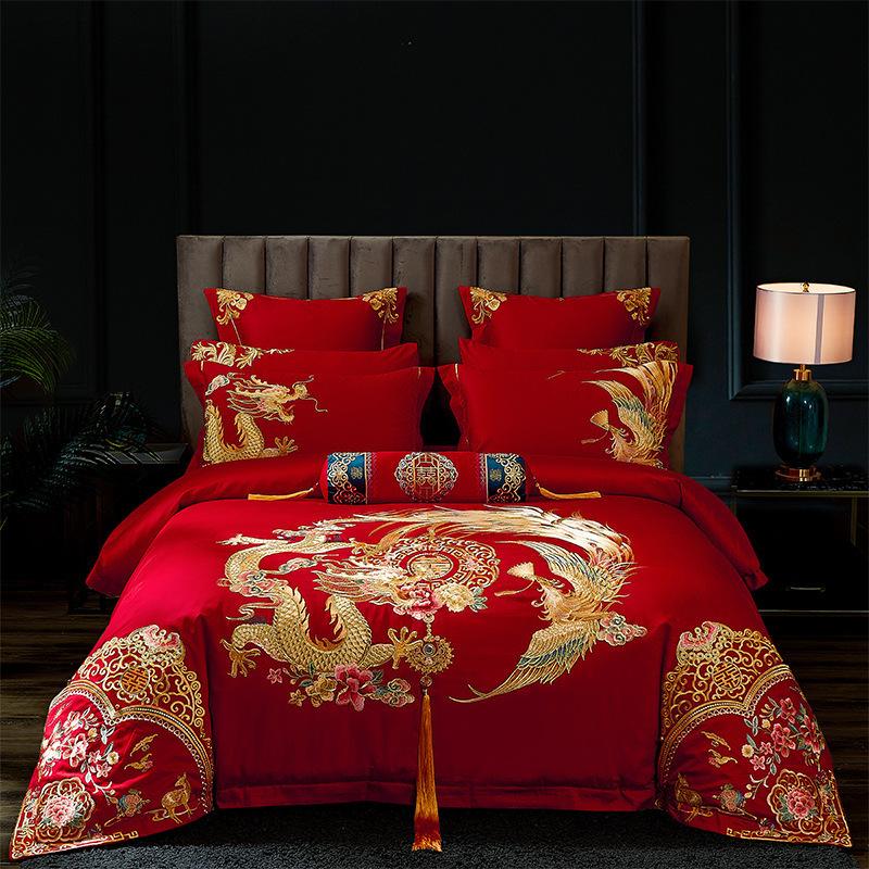 Long-staple Cotton 100-count Wedding Four-piece Bed Sheet and Quilt Cover Pure Cotton Dragon and Phoenix Quilt Red Quilt Six-piece and Ten-piece Set