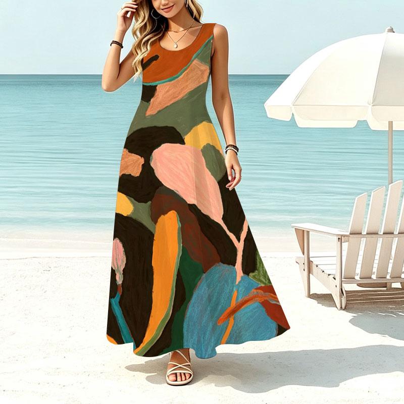Floor-Length Abstract Art Sleeveless Maxi Dress Flowy,Comfortable Versatile for Beach Vacations,Daily Casual Travel Photos