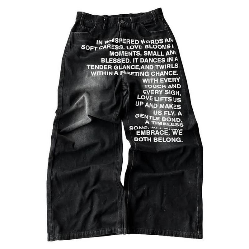 Men's American Retro Letter Print Washed Wide-Leg Denim Pants