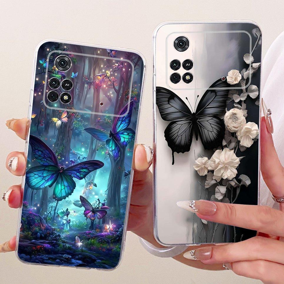 Luxus Blume Schmetterling Schleife Muster Hülle Für Xiaomi Poco M4 Pro 4G 5G Rückseite Klare Weiche Silikon Handyhülle Für PocoM4