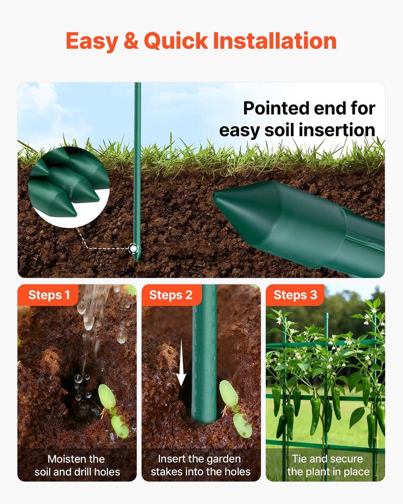 Garden Stakes, 50 Pack, 1170 mm, Plastic Coated Metal Tomato Stakes, Garden Sticks for Plants Support, with Pointed End and Non-Slip Bumps for Growing