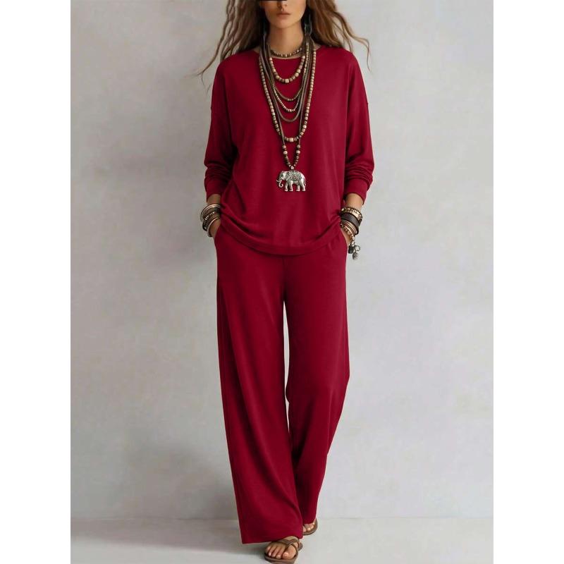VEZFAA Women's Fashion Casual Spring Autumn Solid Color Print Long Sleeve O-Neck Trousers Pants Suits
