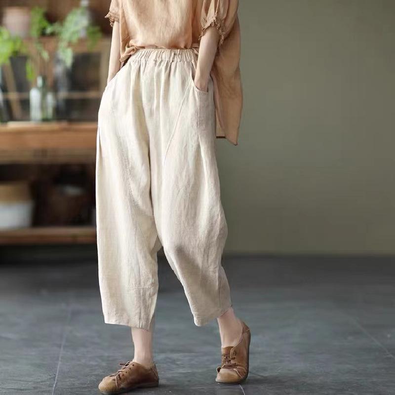 Spring Summer Linen Pants Women Solid Color Casual Ankle Length Pant Woman Lace Up Waist Loose Trousers