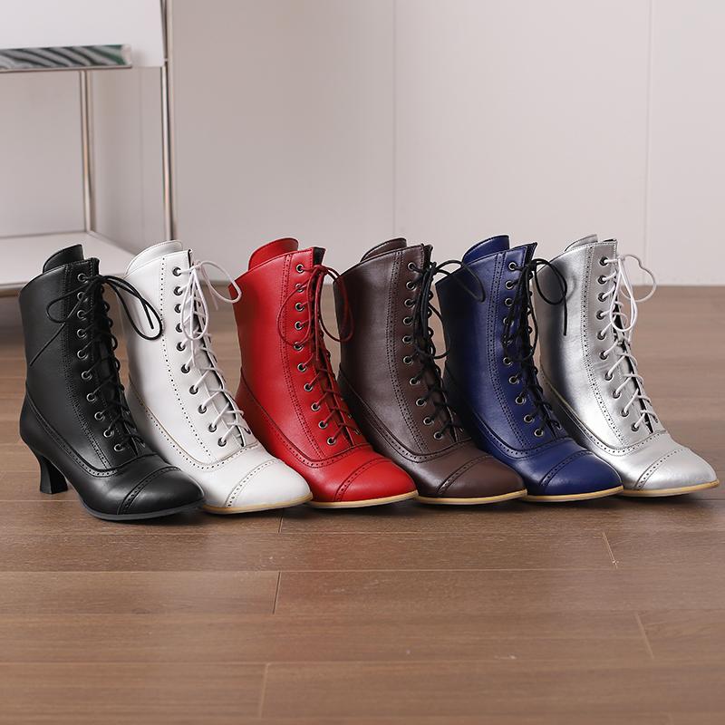 Women's High Heel Short Boots Solid Color Pointed Retro Carved Short Boots Autumn and Winter New Large Women