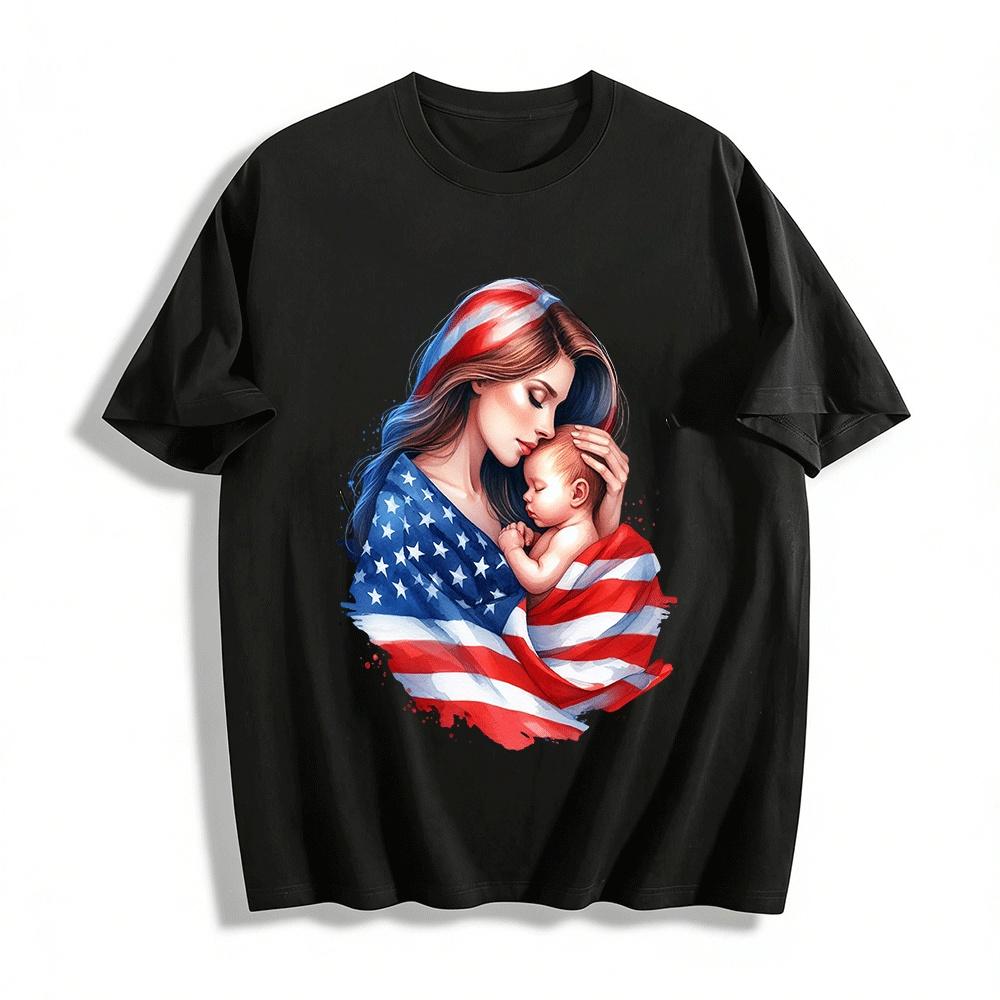 American Mother And Baby Flag Print Casual Top Pure Cotton T-shirt