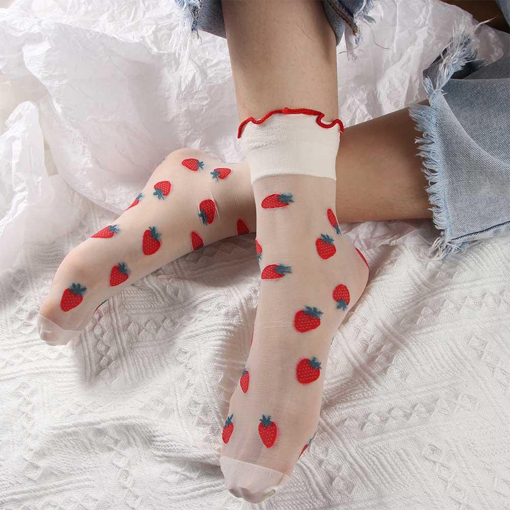 Transparent Girls Japanese Lace Strawberry Ruffles Tube Socks Lolita Socks Women Hosiery Cartoon
