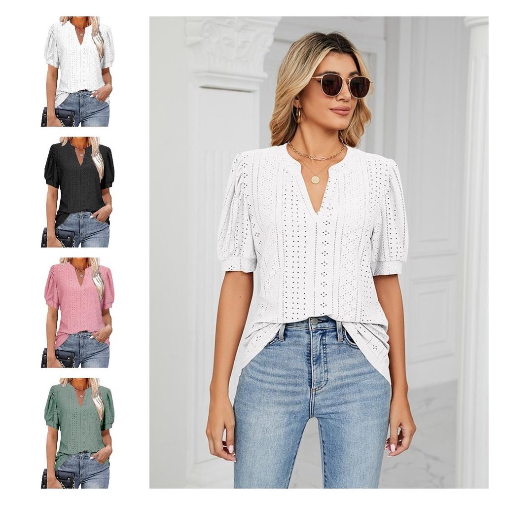 Women's V-neck Tops Short Sleeve T-shirts With Cut Out Lace Detail