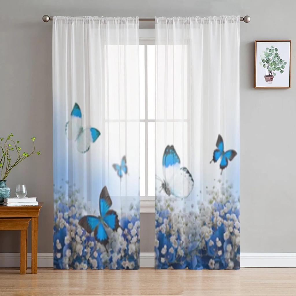 Hydrangea And Butterflies Sheer Window Curtains For Living Room Bedroom Modern Voile Tulle Curtains Fabric Drapes For Kitchen