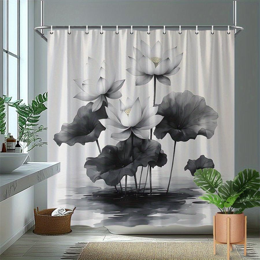 1Pc White Shower Curtain With Water Lily Pattern, With Hooks, Made Of Polyester, Machine Washable, Suitable For Bathroom Decor.