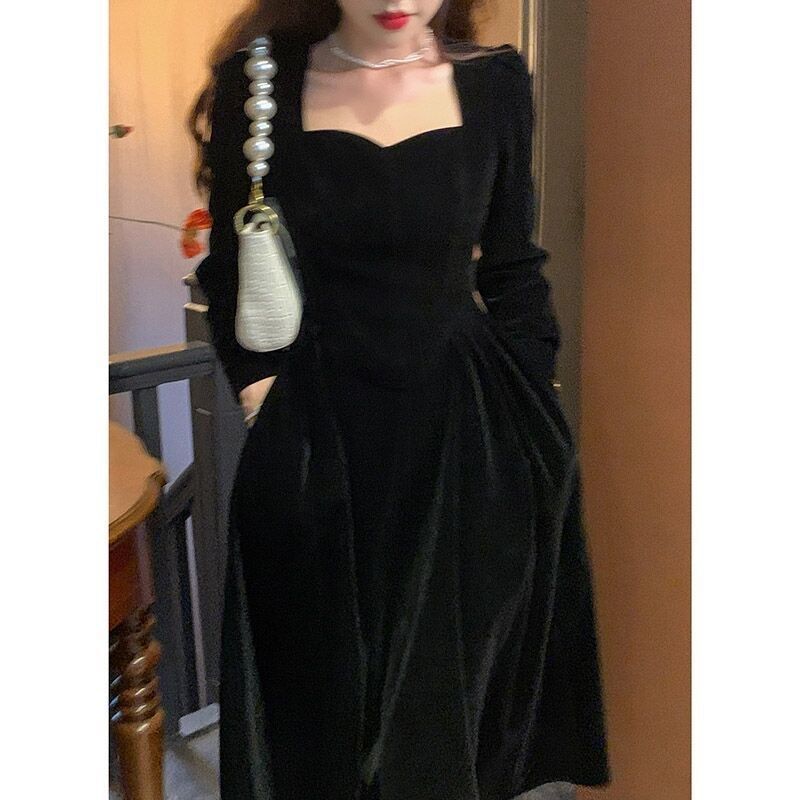 Little black dress golden velvet dress women's new temperament waist celebrity style dress