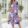 Women's Halloween Print Three-Quarter Sleeve Round Neck Midi Dress for Casual and Stylish Fall Outfits
