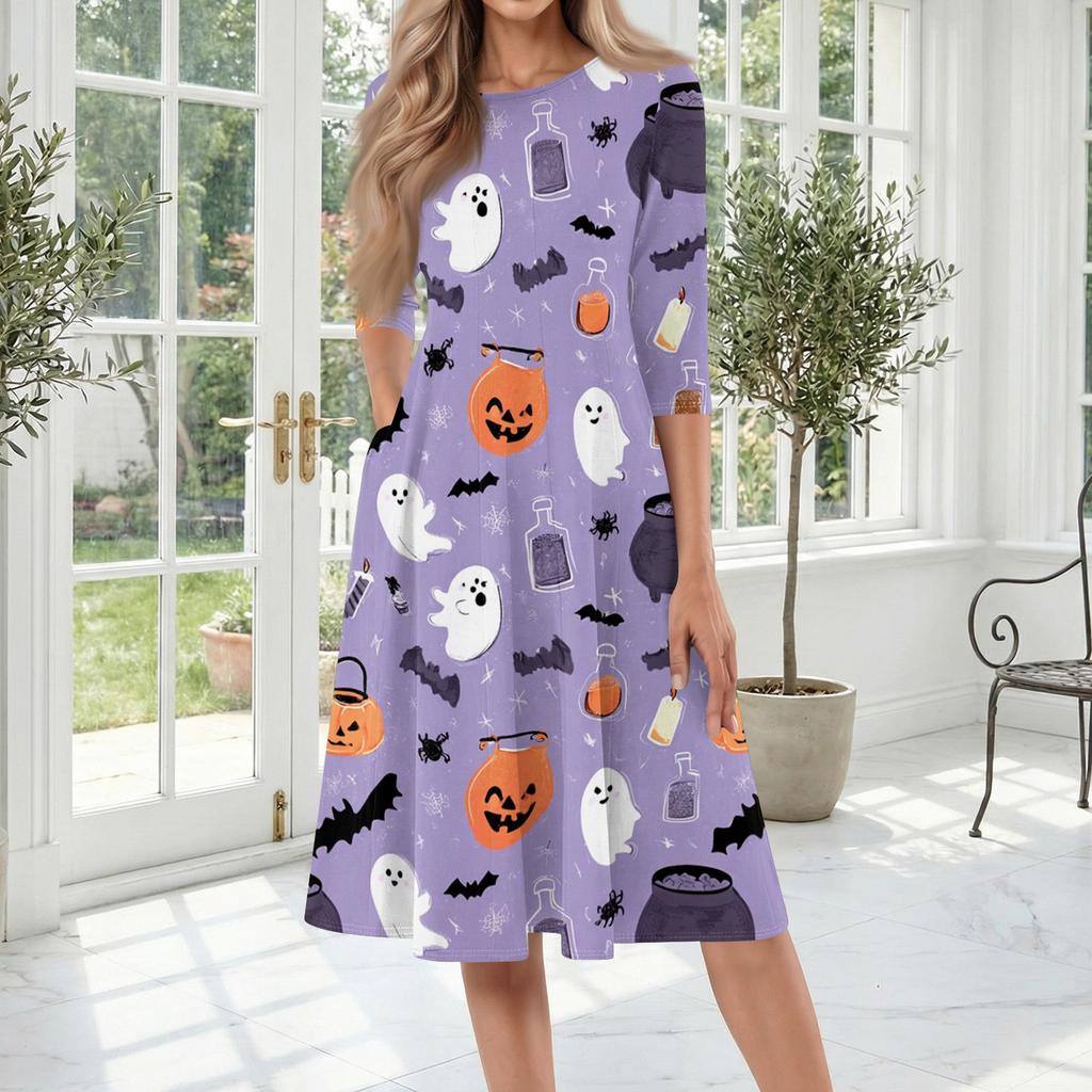 Women's Halloween Print Three-Quarter Sleeve Round Neck Midi Dress for Casual and Stylish Fall Outfits