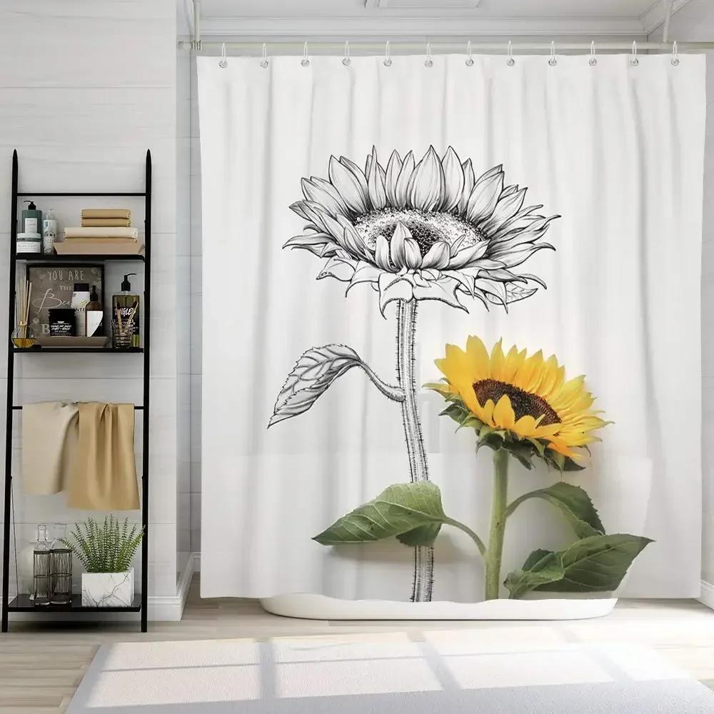 Farmhouse Rustic Shower Curtain Sunflower Autumn Floral Flower on Rural Barn Wooden Fabric Bathroom Curtains with Hooks Sets