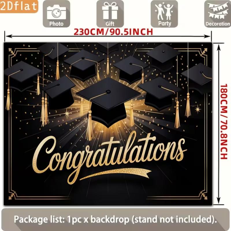 2D Graduation Photography Backdrop Black Background with Gold Caps and Confetti