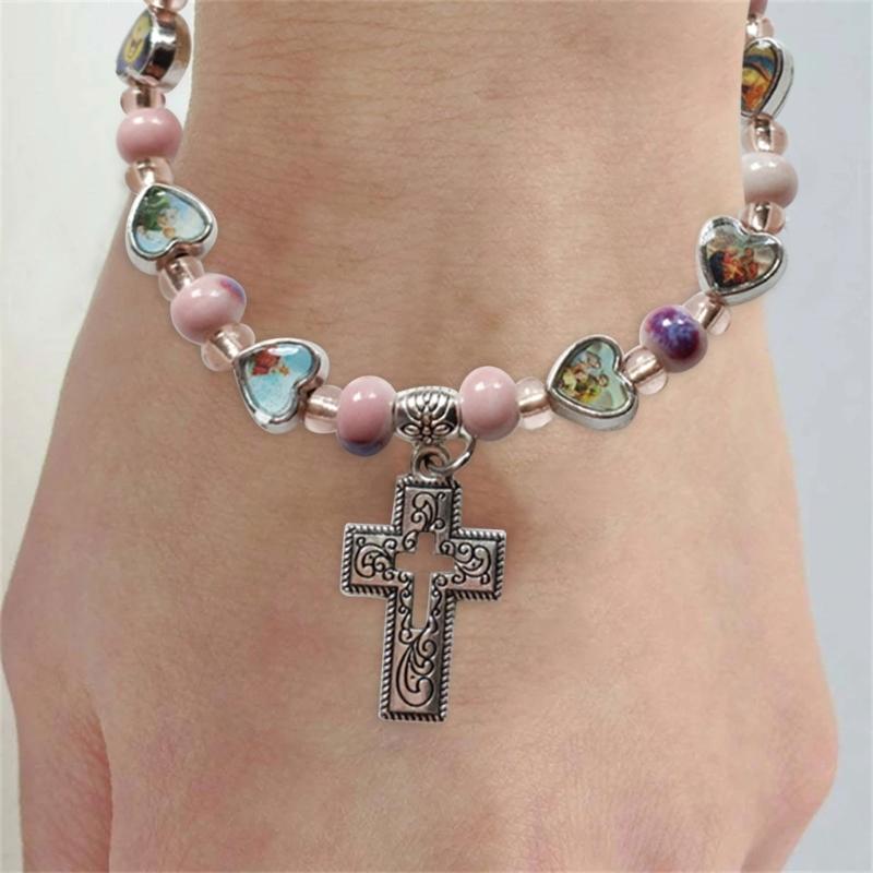 Beads Bracelets Cross Pendant Bead Bracelet Elastic Bead Bracelet Women Girls Party Jewelry Bracelets Elastic Bracelets