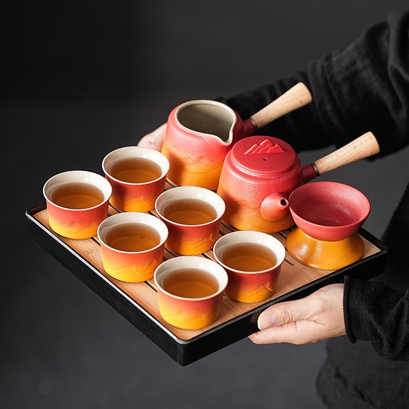 Light luxury red orange gradual change coarse pottery tea set guest tea kung fu set merchandise business enterprise