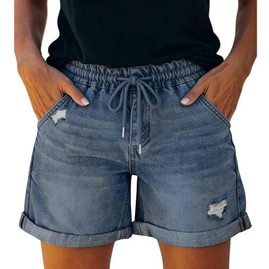 Jean Shorts for Women High Rise Roll Up Hem Straight Leg Distressed Denim Shorts Elastic Waist Drawstring Summer Ripped Hot Shorts with Pockets