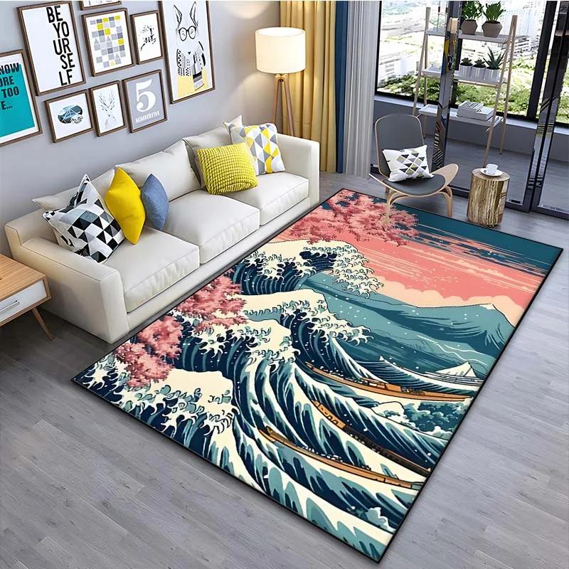 Japanese Art Kanagawa Waves Carpet for Living Room Home Decor Large Area Rug Bedroom Floor Rug Non-slip Easy Washable Mat