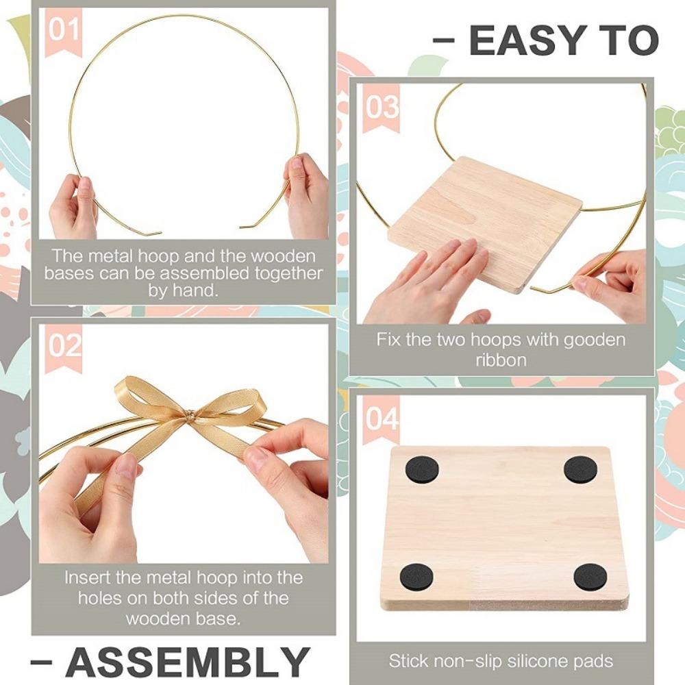2PCS Floral Rings Macrame Metal Floral Hoop with Stand Metal Wire Wreath Frame Wood Base Flower DIY Crafts Garland for Spring Wedding Party Decor
