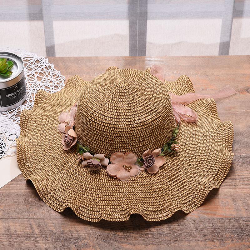 Nuevo Sombrero de Mujer con Ondas Grandes y Flores Sombrero de Paja para Playa al Aire Libre Protección Solar