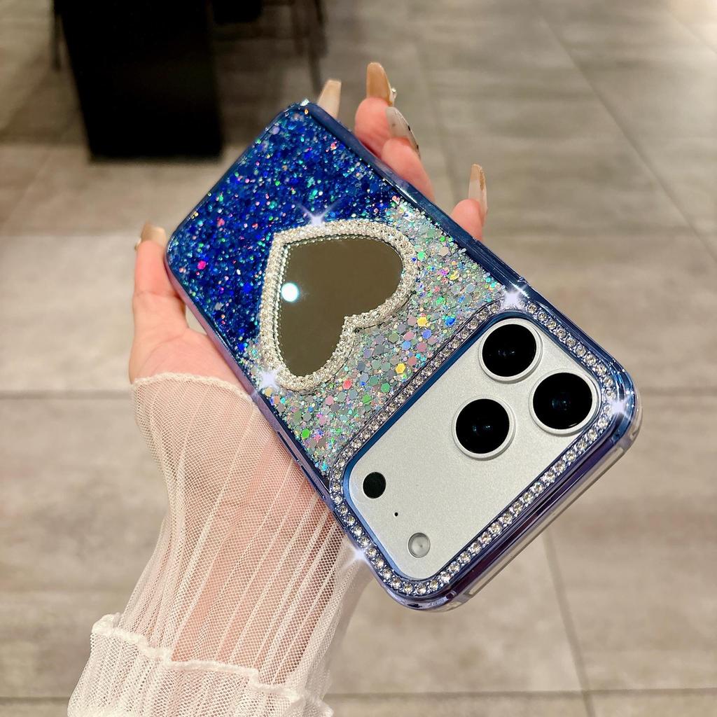 Glitter Epoxy Heart Mirror Rhinestone Case for iPhone 15/16/17 Pro Max