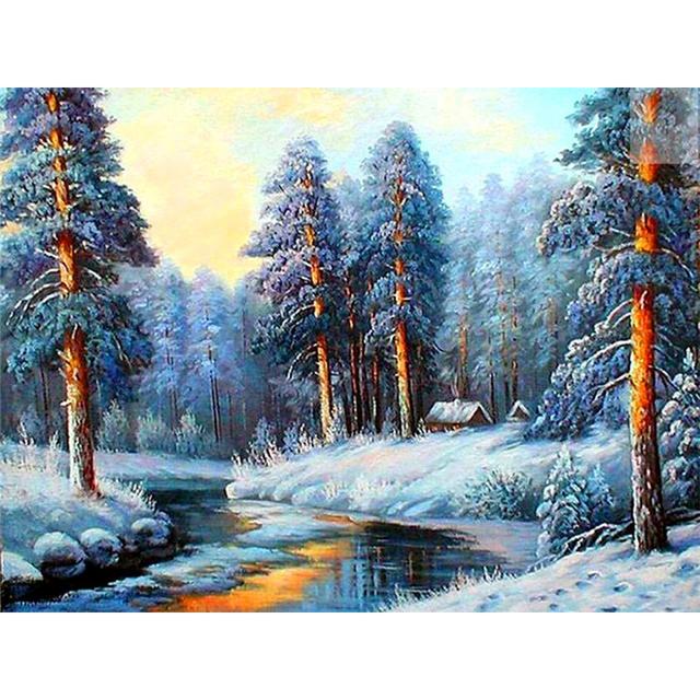 5D DIY Diamond Painting Landscape Winter House Rhinestone Art Picture Rhinestone Diamond Embroidery Mosaic Home Decoration Gift