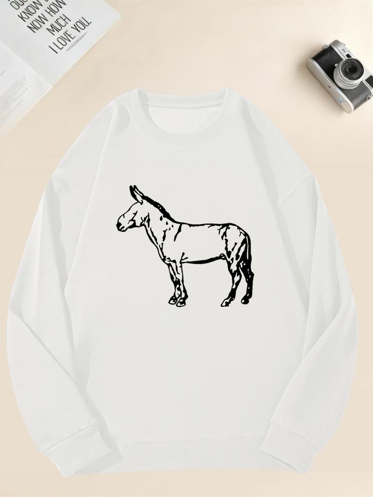 Men's White Donkey Graphic Casual Crewneck Sweatshirt 100% Cotton Printed Long-Sleeve Crew Neck Pullover