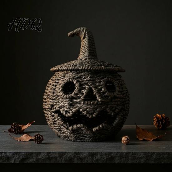 Festliche Innenbeleuchtung Handgeflochtener Halloween-Kürbiskorb, Gruseliger Süßigkeiten-Aufbewahrungskorb mit Deckel, Vintage Weidenkorb Herbst-Tischdekoration Licht