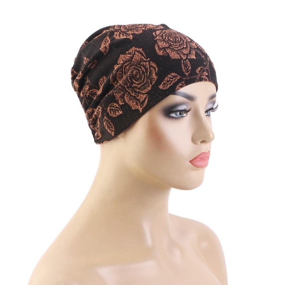 Stretch Fabric Sleep Beanie Cap Glitter Floral Print Hair Care Cap Hijab Inner Undercap  Sleep Use