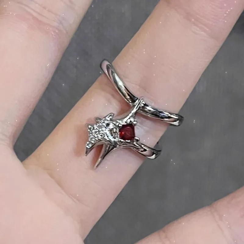 New Irregular Red Crystal Glass Heart Aesthetic Rings for Women Y2K Gothic Animal Spider Ring Creative Jewelry
