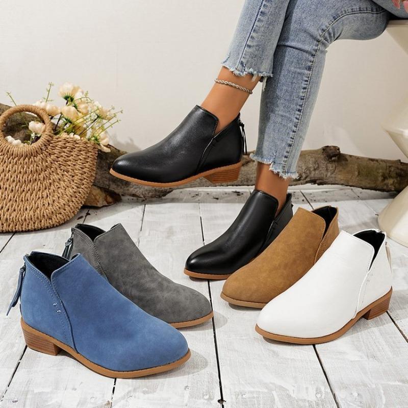 Women's Plus Size Solid Color Pointed Toe Loafers, British Style Back Zipper Low Block Heel Shoes