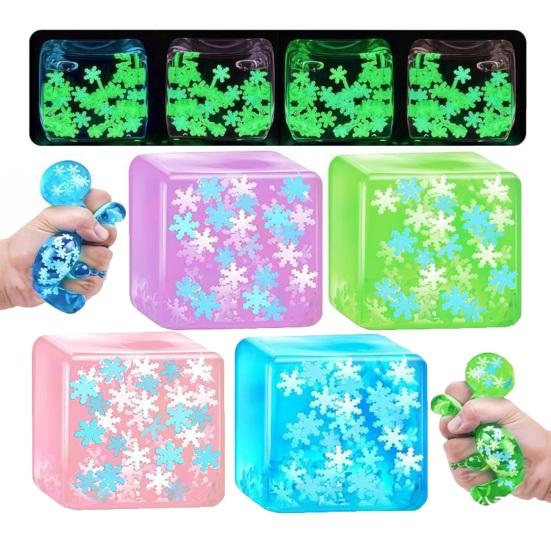 1/4Pcs Frosted Ice Cube Squeeze Toy Anxiety Relief Glow-in-the-dark Snowflake Stress Cube Sensory Toy Soft Stretchy Cube Pinch Toy Party Favors
