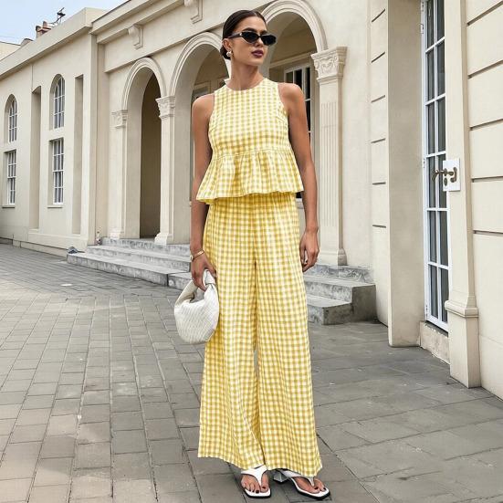 Women Tank Top Pants Two-Piece Set Summer Plaid Sleeveless Ruffle T-shirt Wide Legs Trousers Loose Casual O-Neck Shirt Elastic Waist Trousers