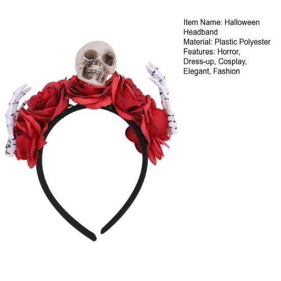 Halloween Flower Headband for Women Gothic Rose Skull Skeleton Hand Headpiece Floral