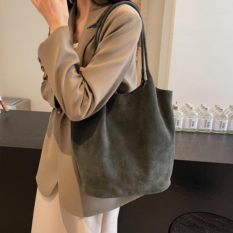 Herbst Retro Wildlederimitat Schultertaschen für Damen Unifarbene Damen Freizeit-Tragetasche Große Kapazität Mädchen Einkaufstaschen Clutch