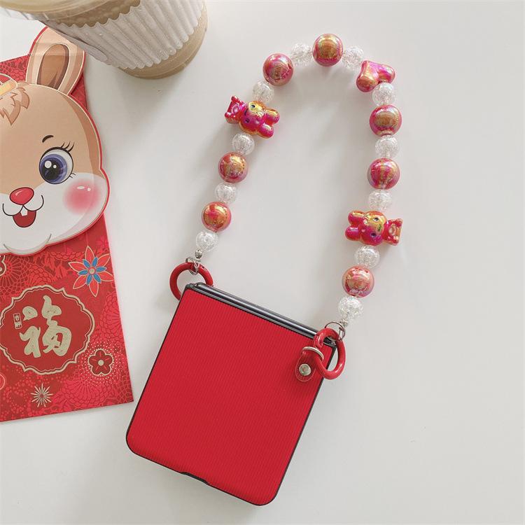 Applicable Oppofindn2flip Leather Pattern Mobile Phone Case Bead Bracelet Folding Screen Portable Protective Case Japan and South Korea
