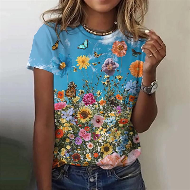 Letni T-shirt damski z okrągłym dekoltem i nadrukiem 3D w kwiaty, modny, casualowy, z krótkim rękawem