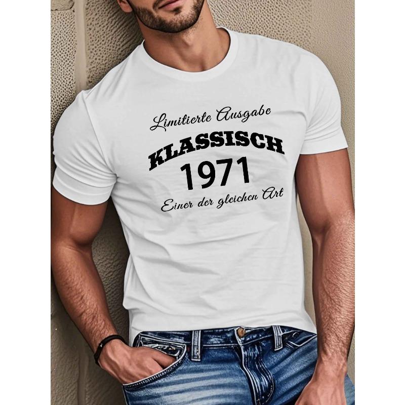 Herrkläder Casual T-shirt med rund halsringning, Normal passform, Stretchigt tyg, Geometriskt mönster, Med ett klassiskt tryck från 1971, Perfekt för sommaren