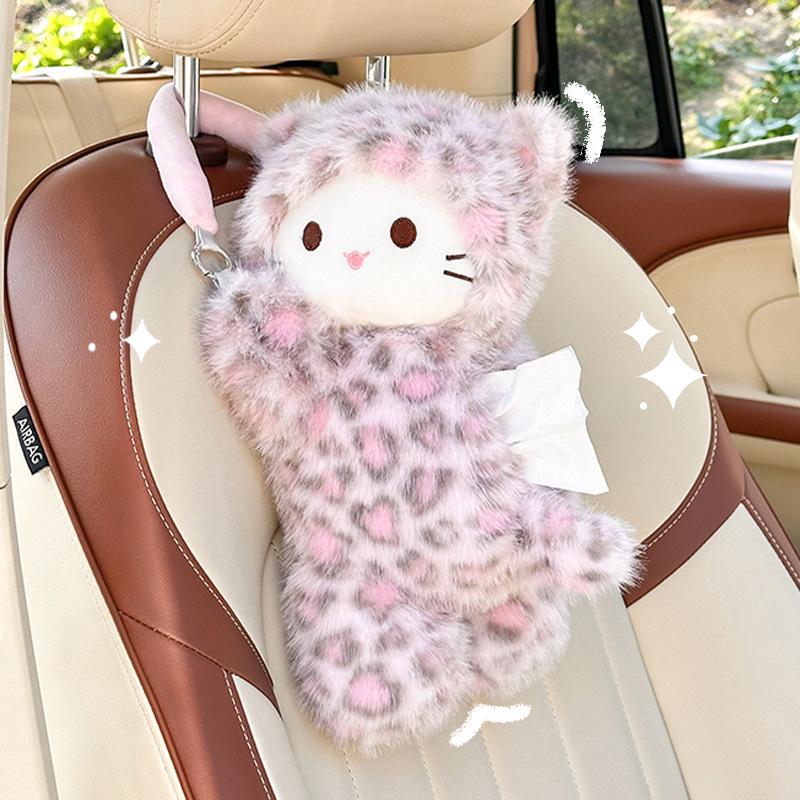 Car Tissue Box Pink Leopard Print Cat Tissue Plush Doll Car Tissue Box Cute Cartoon Car Hanging Drawing Box Universal