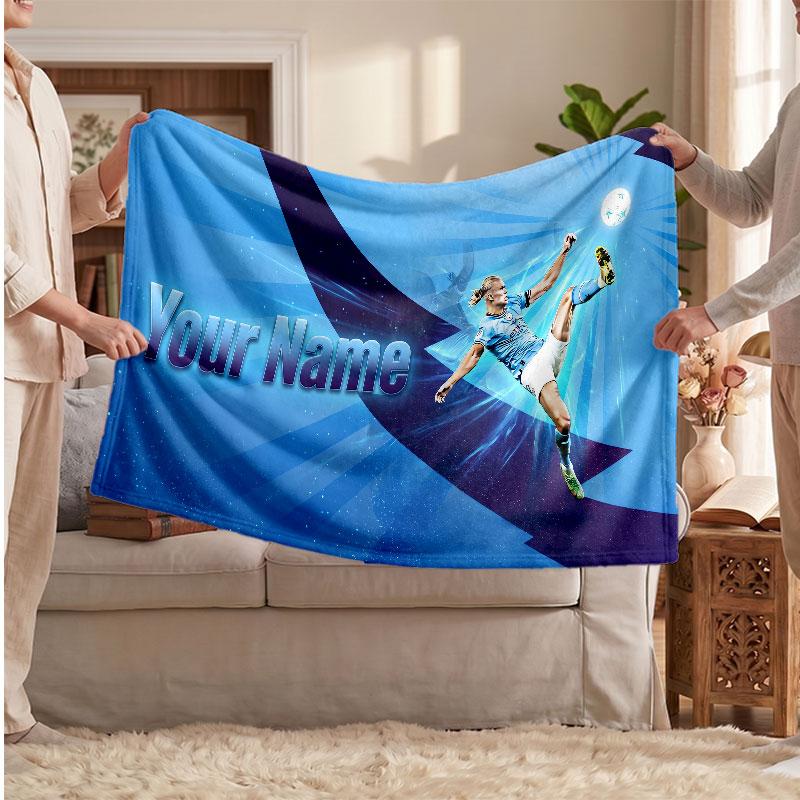 Erling Haaland Personalized Fleece Blanket With Football Logo, Custom Name Text Soft Warm Home Throw Blanket