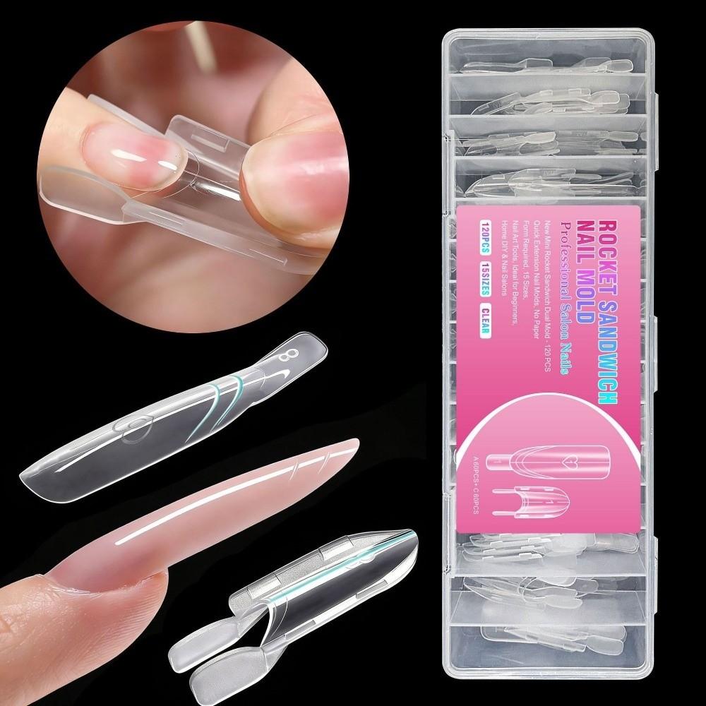 120pcs Clear Dual Nail Forms Rocket Shape Nail Form Mold Sandwich Dual Nail Form  for Manicure Kit