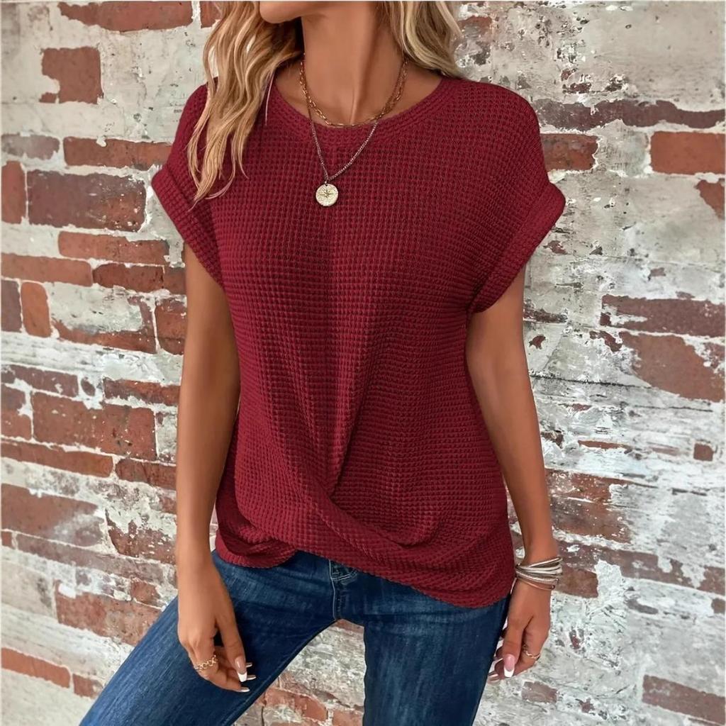 Spring and Summer New Solid Color Round Neck T-shirt Elegant Short Twist Top Women's Clothing