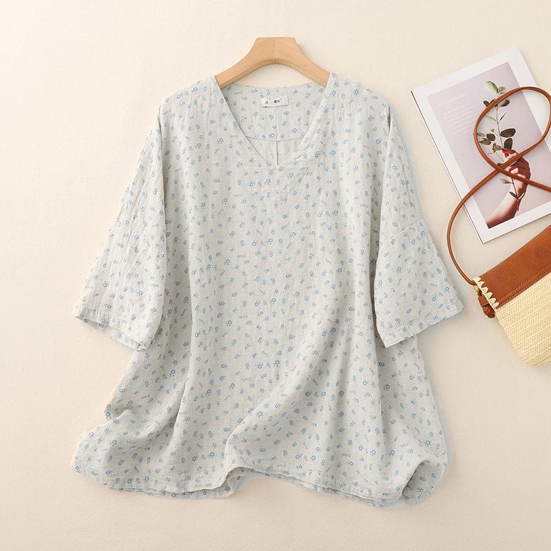 Summer Retro Floral Linen Pullover - Artistic Fresh Five-Sleeve Top