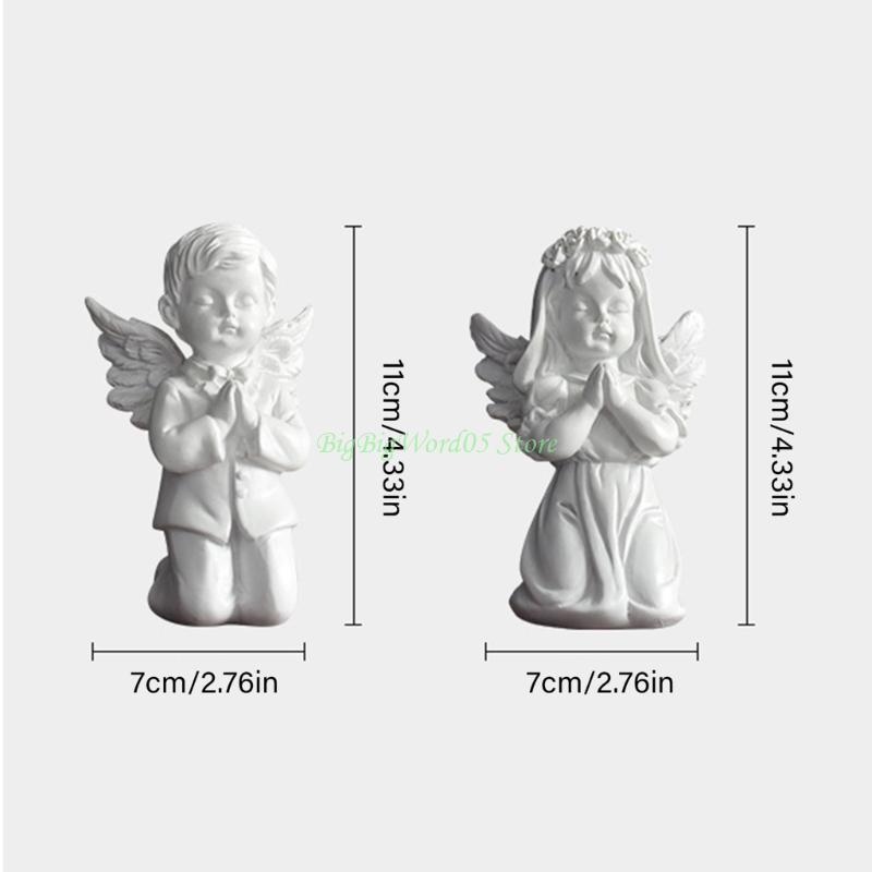 24TE Praying Angelic Boy Girl Resins Statue for Home Table Decors Spiritual Ornament