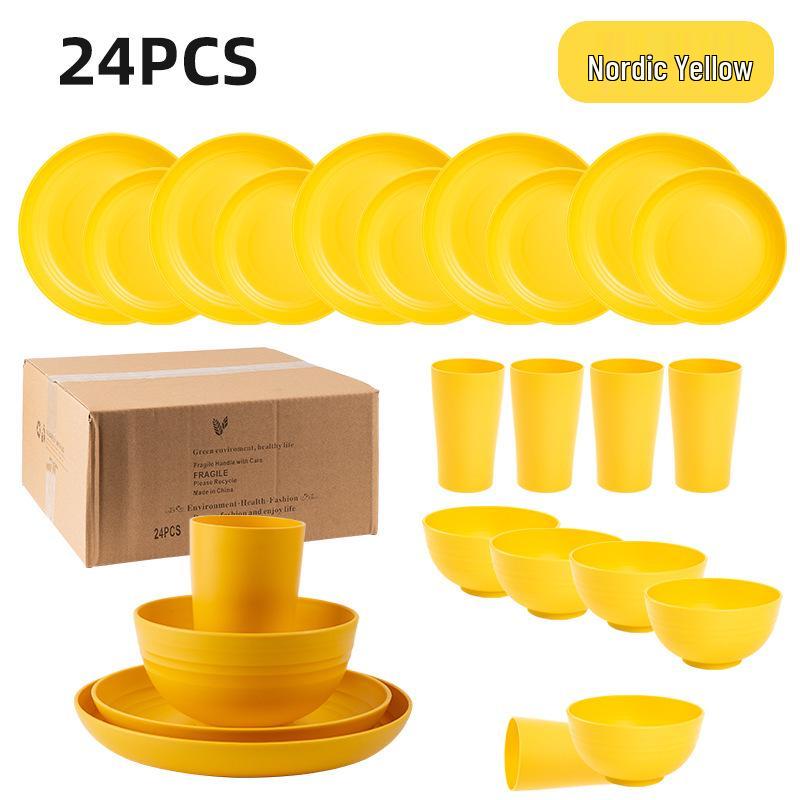 Cross-border Plastic Tableware Set: Plates, Bowls, Cups, Vomit Bowls, 24-Piece for Home Use.