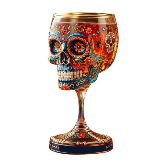 Gootiline kolju veiniklaas, Käsitsi maalitud kolju joogiklaas, Surijate päev (Día de Muertos) kaunistus, Unikaalne baarikink Halloweeni jaoks