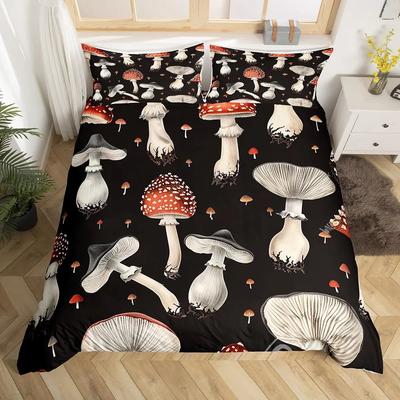 Wildpilz Bettwäsche Set King Queen Niedliche Pilze Bettbezug Kawaii Pilz Bettbezug Cartoon Pflanzenblätter Bettdeckenbezug